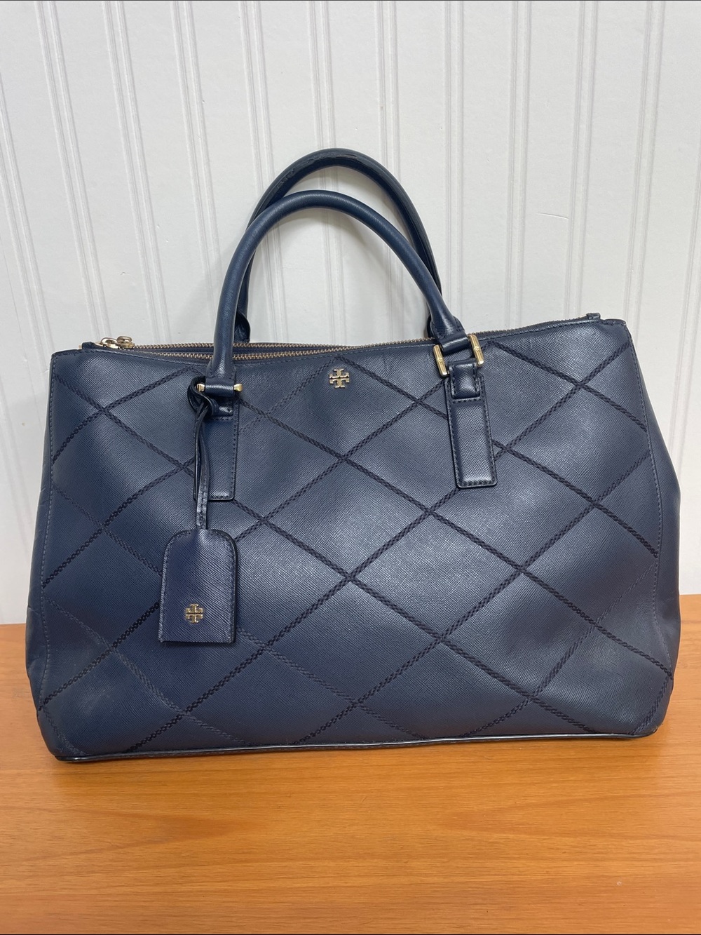 Tory Burch Quilted Navy Leather Top-Handle Satchel with Gold Hardware